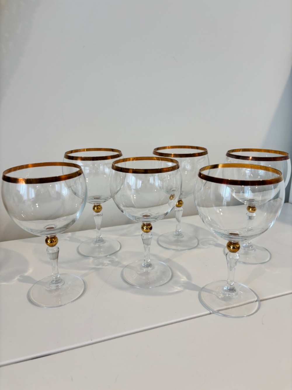 SIX Vintage Bohemia crystal wine glasses balloon style w/gold ball accent & rim